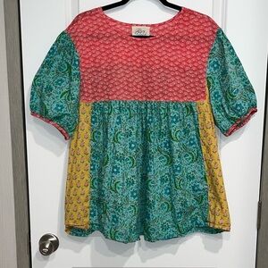 Oh My Stars Shabby Chic Hippie Core Mixed Print Top Puff Sleeve Women’s XL